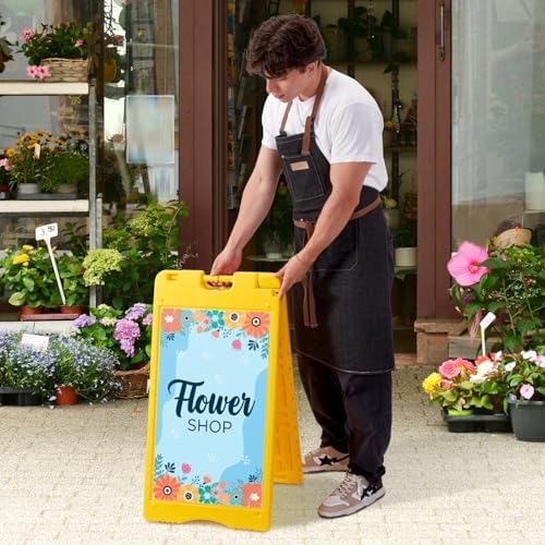 Jumbl A-Frame Signboard 15.7” x 26” Display Surface – Small Outdoor Sandwich Board w/Weather Resistant PVC Sign Protector & Sand Fill Holes – Dual Signage Stand for Storefront Sidewalk Curb (Yellow)