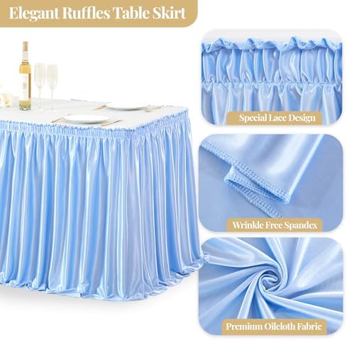 Wish Care 9ft Baby Blue Satin Table Skirt for Rectangle Tables Wrinkle Free Teacher Desk Skirt Glitter Ruffle Table Skirting Cloth for Back to School Classroom Office Dorm Birthday Party Table Decor
