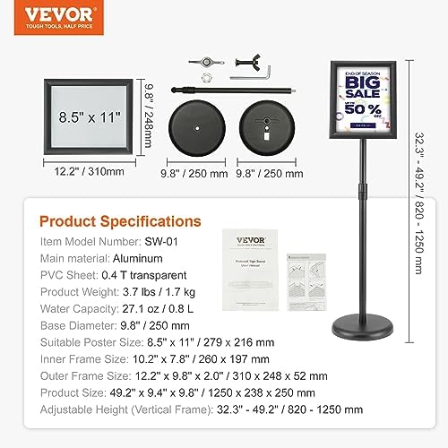 VEVOR Pedestal Sign Holder, 8.5 x 11 Inch Vertical and Horizontal Adjustable Poster Stand, Heavy-Duty Floor Standing Sign Holder with Round Base for Display, Advertisement, and Outdoor, Black