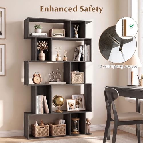 Giantex 5-Tier Bookshelf, 10-Cube Geometric Book Case with 5 Closed-Back Cubbies, Anti-toppling Kits, Open Display Storage Shelf for Living Room, Home Office, Bedroom, Black