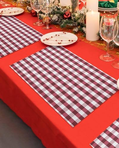 Christmas Placemat 1PC, Rustic Burgundy White Buffalo Check Plaid Pattern Heat Resistant Washable Table Place Mats Farmhouse Cotton Table Linens Party Holiday Decor for Kitchen Dining Outdoor Indoor