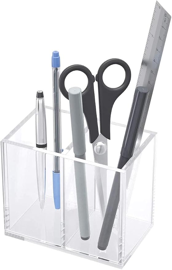 NIUBEE Acrylic Pen Holder 2 Compartments, Clear Pencil Organizer Cup for Countertop Desk Accessory Storage | Scratch-resistant thick acrylic with 2 slots for pens, pencils, makeup brushes, office, vanity and school use
