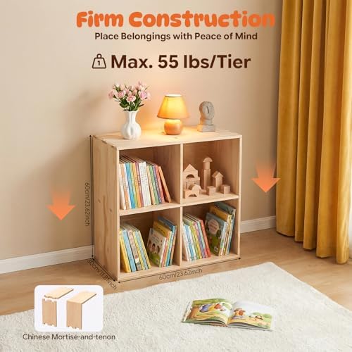 4 Cube Storage Organizer - Solid Wood Bookshelf - Cube Shelf - Vertical or Horizontal Bookcase - Open Book Shelf - Easy Assembly for Bedroom, Living Room, Office