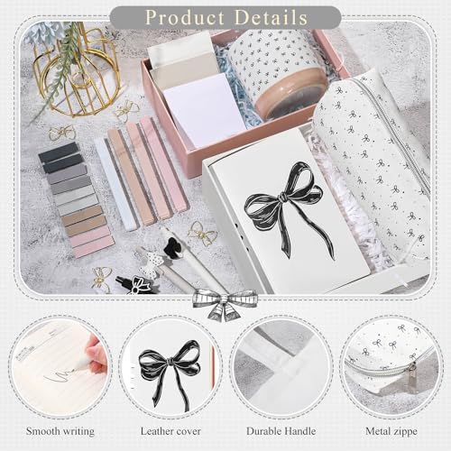 Reallnaive 25 Pcs Black Bow Stationery Gift Set for Women, Coquette School Supplies Box with Mug A6 Notebook Tote Bag Pens Highlighters Pencil Pouch, Cute Desk Accessories for Back to School, Birthday