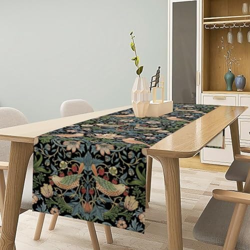 William Morris Floral Table Runner, Strawberry Thief Birds in Green and Blue Table Runner for Home Kitchen Dining Table Decoration,13x108 Inch