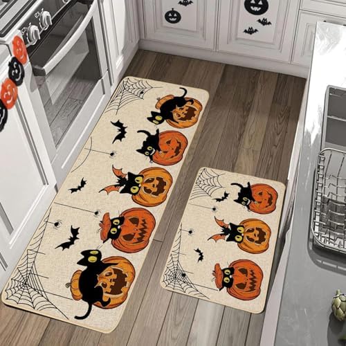 Baccessor Halloween Kitchen Mats Set of 2, Pumpkin Black Cat Bat Spider Web Boo Kitchen Rugs for Floor Low-Profile Farmhouse Fall Halloween Party Home Decor 17x29 and 17x47 Inch