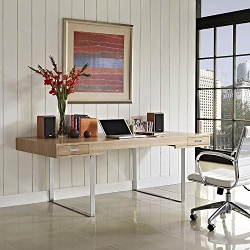 Modway Tinker Contemporary Modern Wood and Stainless Steel Office Desk With Two Drawers in Natural