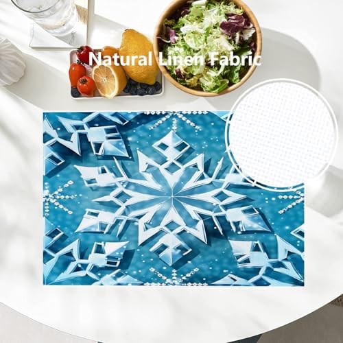 Batmerry Blue Winter Snowflakes Placemats, Seamless Blue Abstract Geometric Washable Linen Table Mats for Kitchen Table Double Insulation Decor Dining Set Indoor Outdoor 12X18 in Set of 4