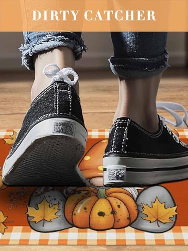 Fall Door Mat Pumpkin Gnome Doormat Maple Leaf Orange Buffalo Plaid Harvest Thanksgiving Welcome Mat Non Slip Rubber Entryway Front Rug Floor Mat for Indoor Outdoor Kitchen Autumn Holiday Decor 20x32