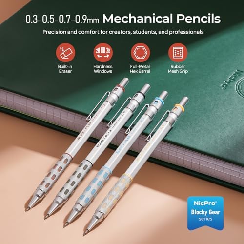 Nicpro 4 Pack Blocky Gear 0.3/0.5/0.7/0.9 mm Metal Mechanical Pencils Set