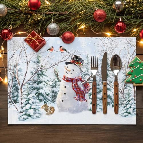 Christmas Placemats Set of 6, Snowman Squirrel Bird Heat Resistant Washable Dining Table Mats Xmas Holiday Farmhouse Decor for Kitchen&Linens Outdoor Indoor, Pine Tree Branch Snowflake