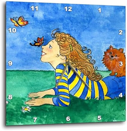 3dRose dpp_23307_1 Dog Pomeranian Butterflies Girl Happy Field Whimsical Watercolor Outdoors Blue Sky Wall Clock, 10 by 10-Inch