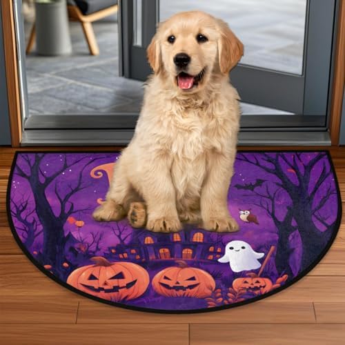 Halloween Castle Pumpkin BOO Half Round Door Mat, Non-Slip Welcome Indoor Entrance Way Rug Semi Circle Front Doormats Washable Bathroom Kitchen Floor Mat, Outdoor Rugs for Garage, Patio, Hearth Rug