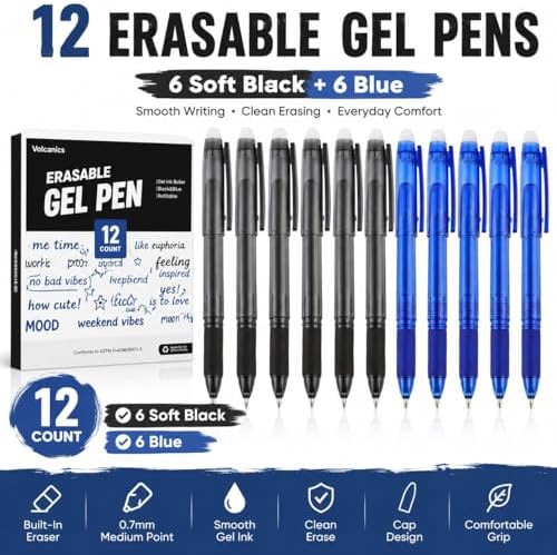 Volcanics Erasable Gel Pens, 0.7mm Fine Point, Soft Black & Blue, 12 Pack | Gel Erasable Ink Pens With Built-In Eraser, Smooth Pencil-Like Precision Writing For Rocket Book, Home, School And Office Use