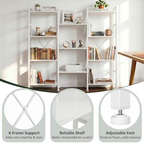 Triple Bookshelf, Free Standing Bookcase with Open Storage Shelves