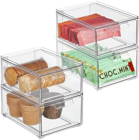mDesign Stackable Storage Containers Box with Pull-Out Drawer - Stacking Plastic Drawers Bins for Kitchen Pantry and Cupboard, Cabinet, Counter, Island and Tables - Lumiere Collection - 4 Pack - Clear