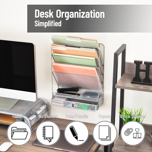 Mind Reader 4-Tier Vertical File Storage, Desktop Organizer, Wall Mount, Office, Metal Mesh, 12.5"L x 4"W x 16.5"H, Silver