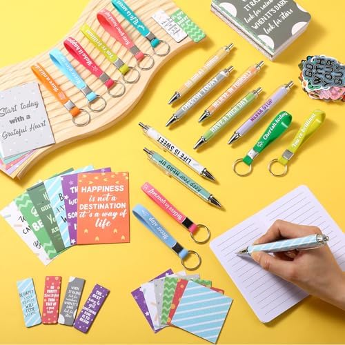 Pasimy 218 Pcs Inspirational Stationery Gifts Motivational Mini Notepad Pen Quote Bookmarks Stress Relief Stickers Inspiring Silicone Keychains for Home Office Appreciation Gift(Stylish)