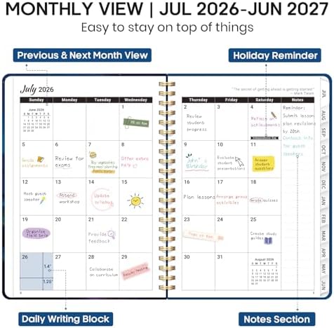 Planner 2026-2027, Weekly & Monthly Academic Calendar, Jul 2026 – Jun 2027