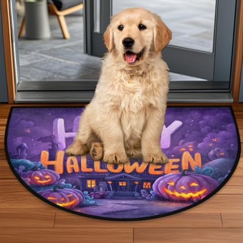 Halloween Castle Pumpkin Half Round Door Mat, Non-Slip Welcome Indoor Entrance Way Rug Semi Circle Front Doormats Washable Bathroom Kitchen Floor Mat, Outdoor Rugs for Garage, Patio, Hearth Rug