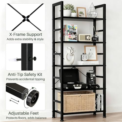 5 Tier Bookshelf, Free Standing Bookcase with Open Storage Shelves