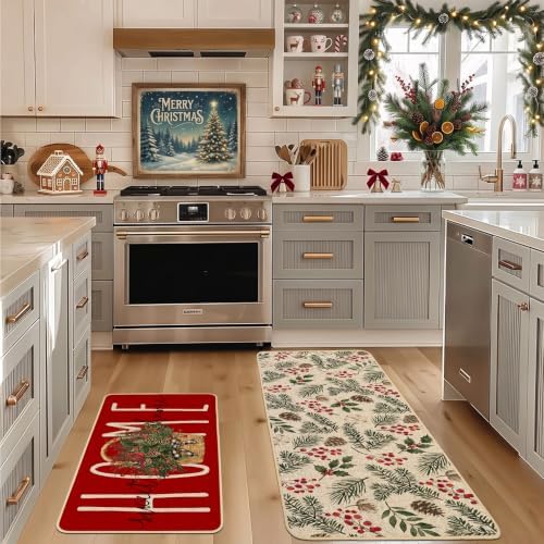 Baccessor Red Christmas Kitchen Rugs Winter Set of 2 17x29 and 17x47 Inch