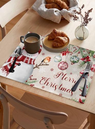 Merry Christmas Placemats Set of 4, Cotton Linen Snowman Table Mats Non-Slip Washable Snowflake Christmas Tree Balls Poinsettia Flower Retro Placemat for Holiday Banquet Dining Kitchen Table Decor