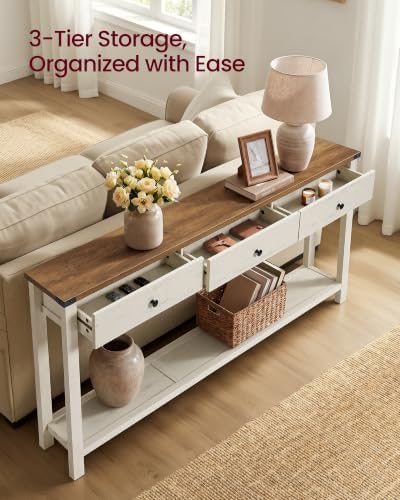 VASAGLE 63 Inche Narrow Console Table with 3 Drawers and Open Storage Shelf | Long Sofa Table, 9.4 x 63 x 29.9, Farmhouse Style, Easy Assembly, Rustic White and Honey Brown, LIRY Collection ULNT148W101