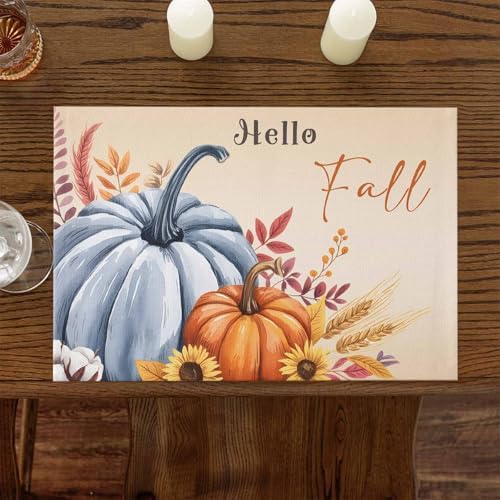 Fall Placemats Set of 4, Hello Fall Pumpkin Place Mats Maple Leaves Sunflower Bird Tablemats Harvest Thanksgiving Placemat Table Decoration for Kitchen Table Holiday Dinner Party Autumn Home Decor