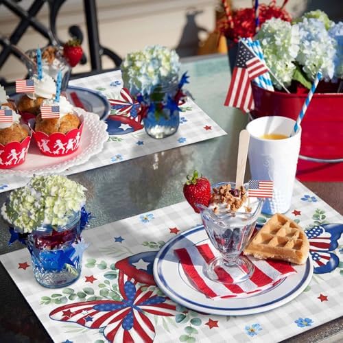 4th of July Placemats Set of 4, Patriotic Star Butterfly Heat Resistant Washable Dining Table Mats Summer Farmhouse Decor for Kitchen&Table Linens Outdoor Indoor, Eucalyptus Leaves Grey Buffalo Plaid