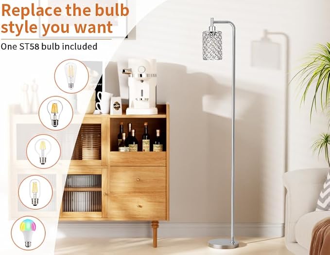 Ziisee Crystal Floor Lamp - Industrial Modern Standing Lamps with LED Bulb for Living Room Bedroom Office - Silver