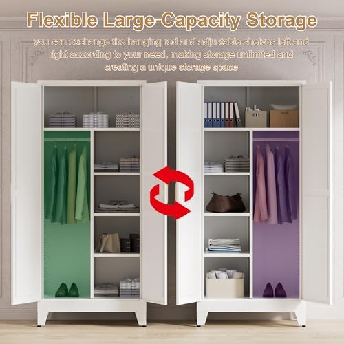 Washsemba 71'' Farmhouse Metal Wardrobe Cabinet with Hanging Rod, 2 Barn Door Wardrobe Closet with 5 Adjustable Shelves,Drawer,for Dining Room,Bedroom,Living Room, Cloak Room,Office (White)