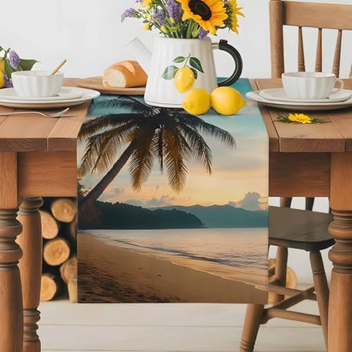 Sunset Beach Table Runner Dresser Scarf 13 x 108 Inch Tropical Coastal Ocean Palm Tree Nautical Table Runners Non-Slip Heat Resistant Kitchen Dining Table Decor for Home Holidays Indoor Outdoor