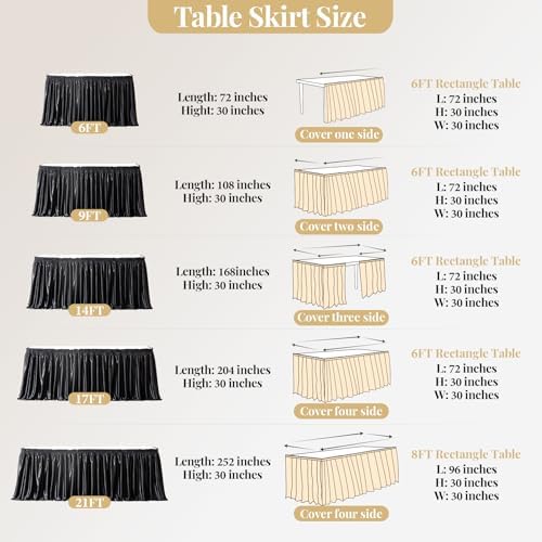 Wish Care 21ft Black Satin Long Table Skirt for Rectangle Tables Wrinkle Free Teacher Desk Skirt Glitter Ruffle Table Skirting Cloth for Back to School Classroom Office Dorm Birthday Party Table Decor