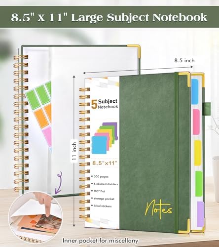 Spiral Notebook Journal with Removable Dividers Tabs, 300 Pages Hardcover Leather 5 Subject College Ruled Notebook, 8.5"x11" Large A4 Lined Journal for Women Men, Spiral Notebook for Work School,Green