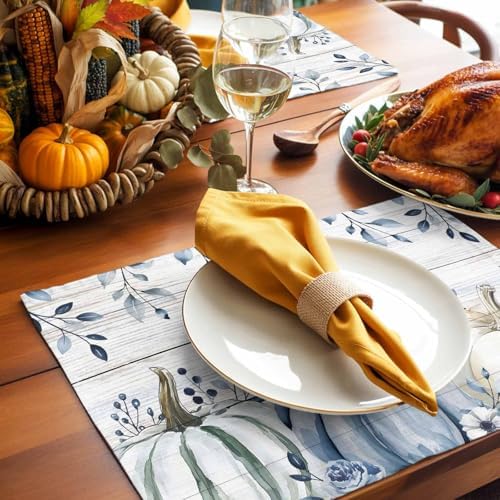 Fall Placemats Set of 6, Blue Pumpkin Place Mats White Blue Pumpkins Eucalyptus Wooden Tablemats Harvest Thanksgiving Placemat Table Decoration for Kitchen Table Holiday Dinner Party Autumn Home Decor