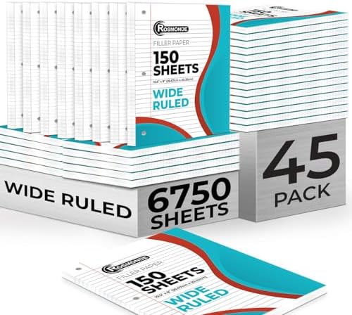 Rosmonde 6750 Sheets Loose Leaf Paper Bulk, 45 Pack, Wide Ruled Paper