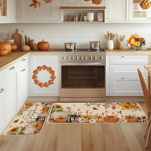 Baccessor Fall Kitchen Rugs Set of 2, Pumpkin Sunflower Kitchen Mats for Floor Washable Low-Profile Farmhouse Autumn Holiday Home Indoor Outdoor Decor 17x29 and 17x47 Inch