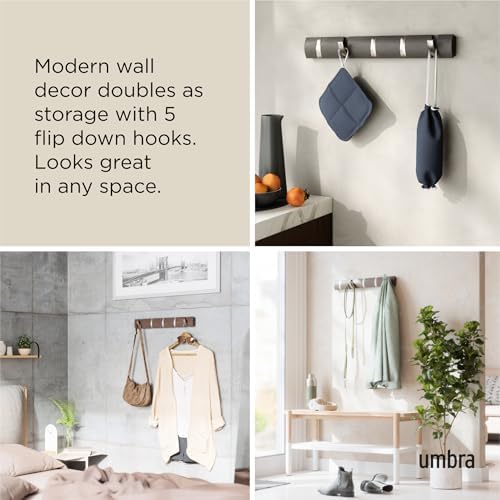 Umbra Flip Coat Rack, Wall Mounted 5-Hook Space Saving, Driftwood/Nickel