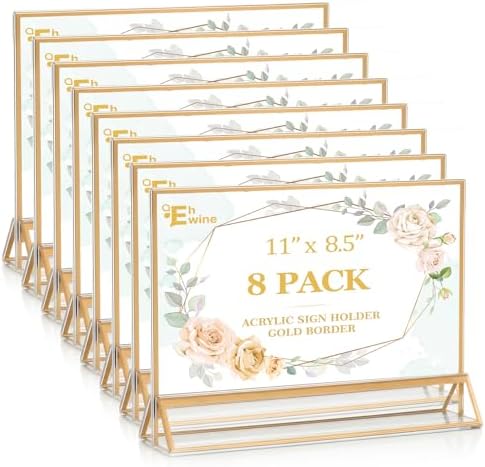 EHWINE 8 Pack Acrylic Sign Holder 8.5 x 11 Horizontal, Double-Sided Stand up Table Top Sign Holders, Gold Acrylic Picture Frame Menu Flyer Paper Holder Display Stand for Office Business Store Wedding Party