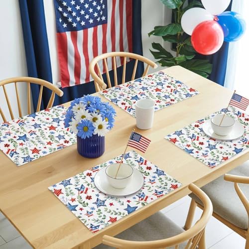 4th of July Placemats Set of 6, Patriotic Star Floral Place Mats Independence Day Dining Table Mats Holiday Party Memorial Day Decor for Kitchen&Linens Outdoor Indoor, Green Eucalyptus Leaves