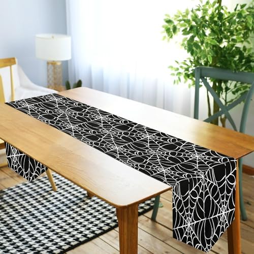 ALAZA Double-Sided Halloween Spider Web Black Table Runner 14x108 Inches Long,Table Cloth Runner for Wedding Birthday Party Kitchen Dining Home Everyday Decor