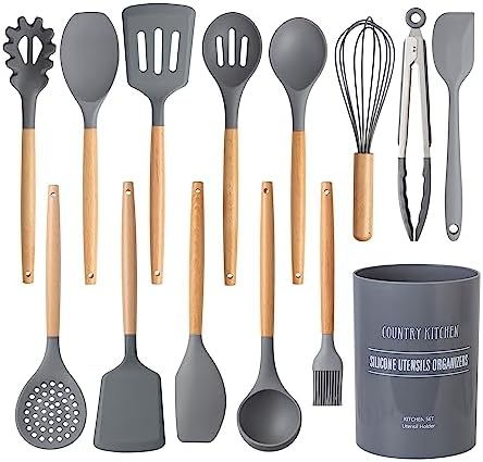 Country Kitchen Non Stick Silicone Utensil Set with Rounded Wood Handles for Cooking and Baking, 14 Piece Set, Gray