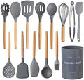 Country Kitchen Non Stick Silicone Utensil Set with Rounded Wood Handles for Cooking and Baking, 14 Piece Set, Gray