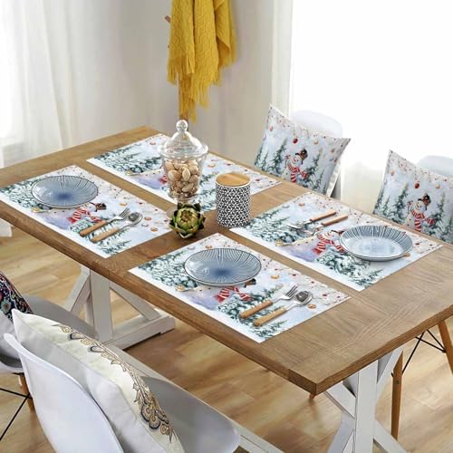 Snowman Placemats Set of 4, Blue Merry Christmas Tree Red Balls Squirrel Heat Resistant Washable Table Place Mats Winter Cotton Table Linens Party Holiday Decor for Kitchen Dining Outdoor Indoor