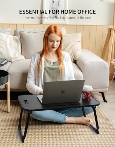 ZEAPTAC Laptop Bed Desk, Foldable Lap Desk, Portable Lap Table, Laptop Stand with Cup Holder, Tablet Slot & Lifting Handle for Work, Write, Draw & Eat on Bed, Sofa or Couch - Black