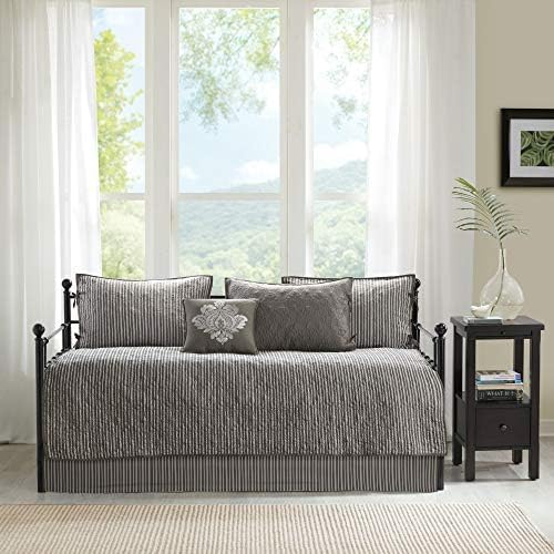 Madison Park Cotton Daybed Cover Set-Double Sided Quilting Classic Cottage Design All Season Bedding with Bedskirt, Matching Shams, Decorative Pillow, 75"x39", Quebec Dark Grey 6 Piece