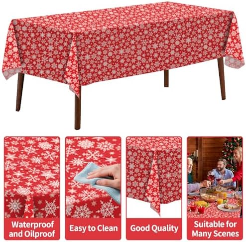 CXPSINC 54 Inch X 100 Feet Plastic Table Cover Roll Disposable Tablecloth with Slide Cutter for All Type/Shape Tables | Party, Banquet, Birthdays, Weddings(Christmas Red Snowflake, 100 Feet)