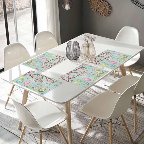 Happy Easter Placemat, Spring Floral Bunny Rabbit Ear Eggs Heat Resistant Dining Table Mats Holiday Farmhouse Decor for Kitchen&Linens Outdoor Indoor, Pink Flower Branch Teal Green Leaves