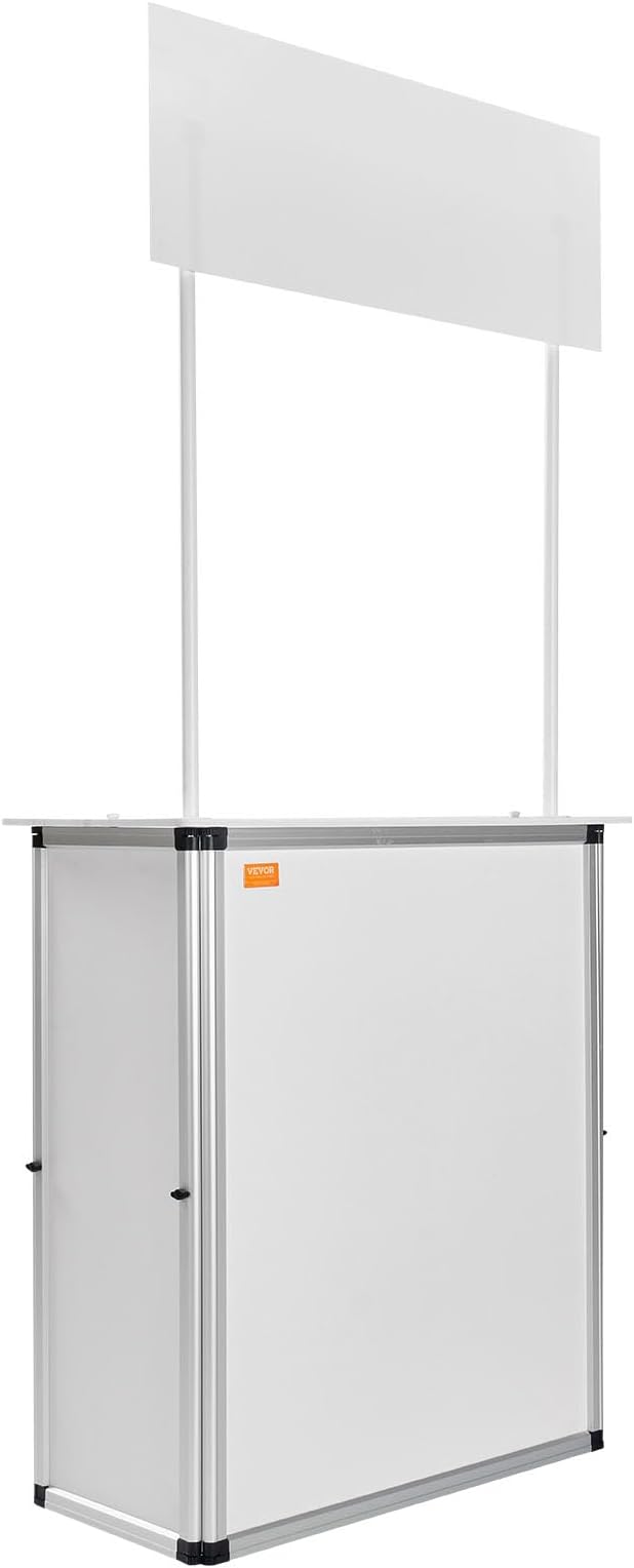 VEVOR Promotion Counter Table, Portable Tradeshow Podium Table, 30.91" x 14.96" x 71.46", Display Exhibition Counter Stand Booth Fair with Wall, Pop Up Podium with Storage Rack/Carrying Bag